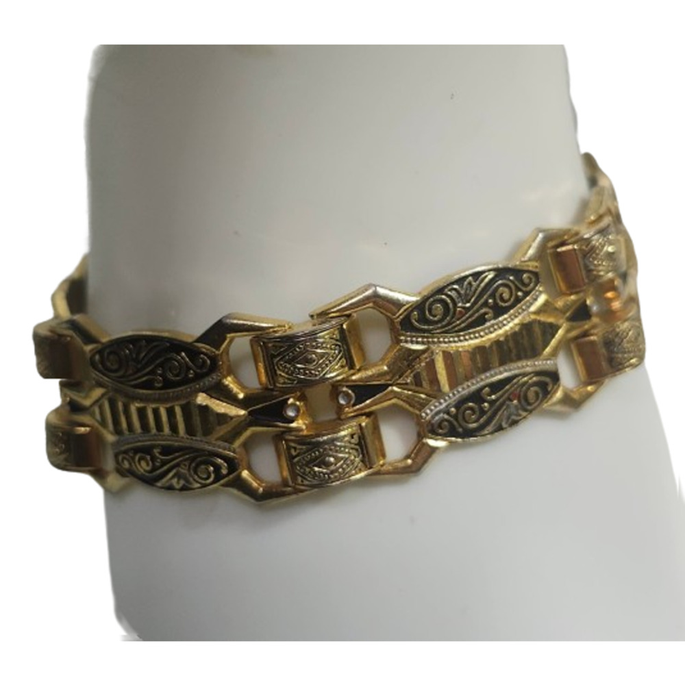 Vtg Damascene Toledo Spain Brass Enamel  Link Bracelet - Picture 3 of 6